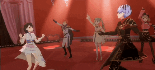 a group of anime characters are dancing on a stage .