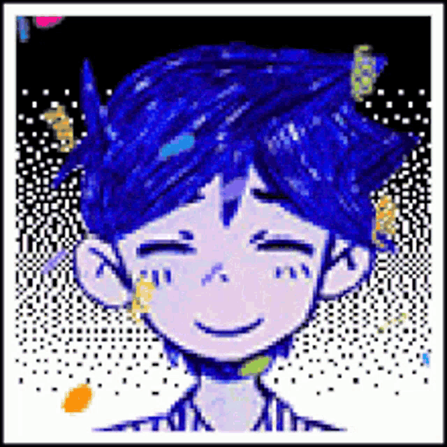a pixel art drawing of a boy with blue hair .