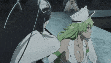 a woman with green hair is sitting next to another woman with black hair