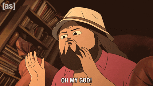 a cartoon of a man with a beard and hat saying oh my god