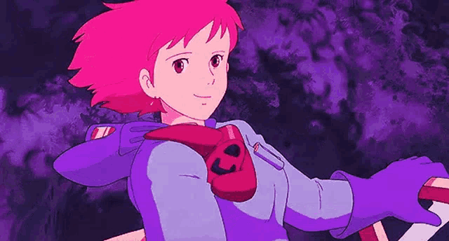 a girl with pink hair and purple gloves is holding a sword .