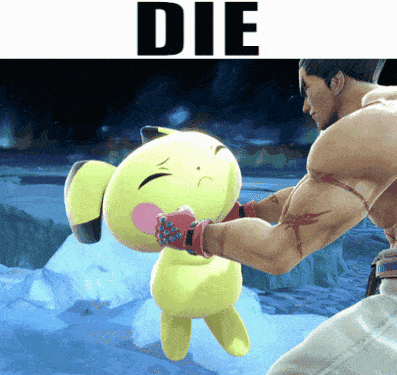a video game character is being punched by a man with the word die above them