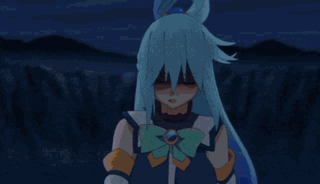 a girl with blue hair is holding a fireball