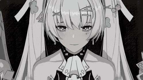a black and white drawing of a girl with a bow on her neck