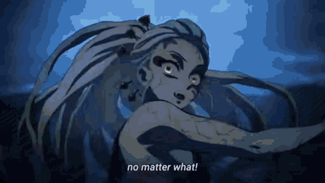 a cartoon character with long hair is standing in the dark and says `` no matter what ! ''