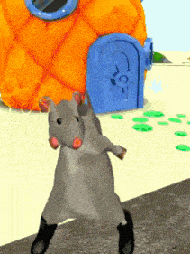 a cartoon mouse is standing in front of an orange house with a blue door