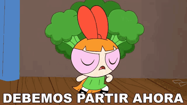 a cartoon of a girl with broccoli in her hair and the words debemos partir ahora below her