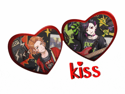 a couple of hearts with the word kiss in red
