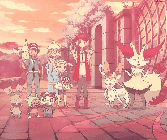 a group of pokemon standing in front of a building with a watermark that says pokemon