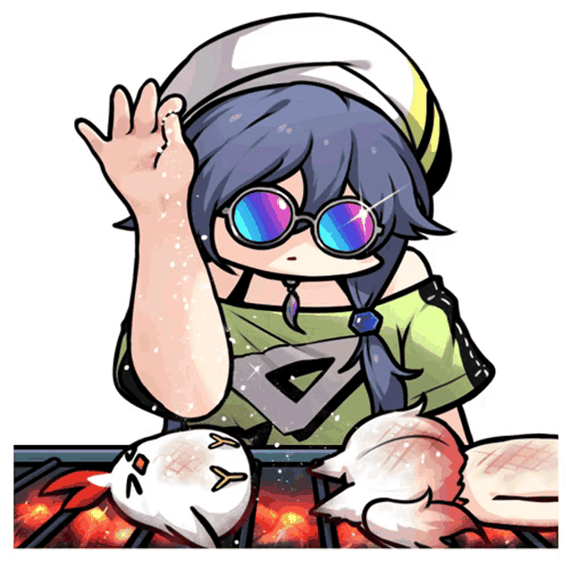 a cartoon of a girl wearing sunglasses and a hat cooking