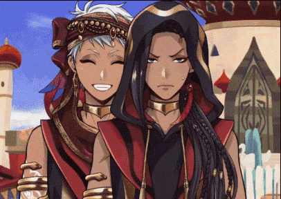 a couple of anime characters standing next to each other .
