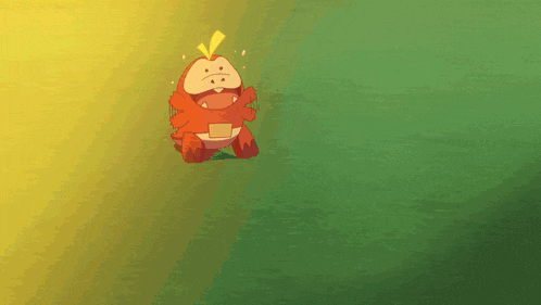 a cartoon character with a yellow lightning bolt on its head is standing on a green field