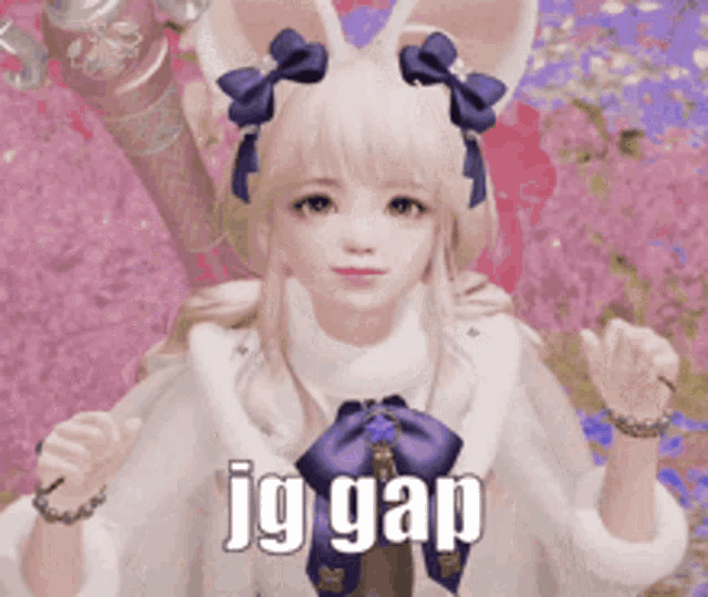 a girl with bunny ears is wearing a white coat and a purple bow and says jg gap