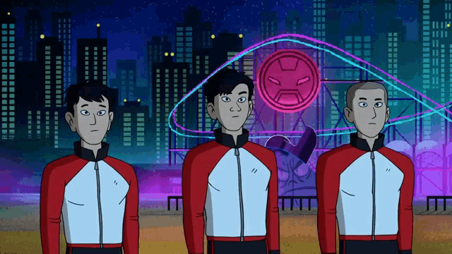 three men are standing in front of a roller coaster in a cartoon