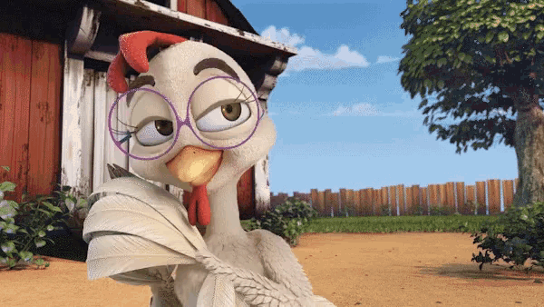 a cartoon chicken with glasses and a scarf around its neck