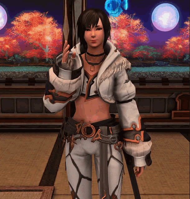 a woman in a video game is holding a sword and giving a peace sign