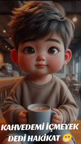 a little boy holding a cup of coffee with the words " kahvedemi içmeyecek dedi hakikat " written below him