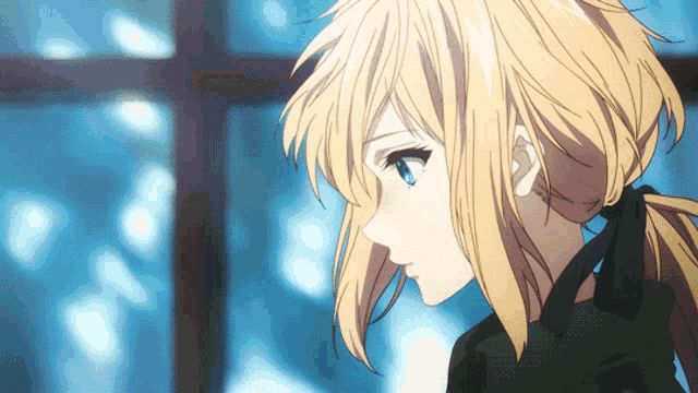 a close up of a blonde anime girl with a ponytail