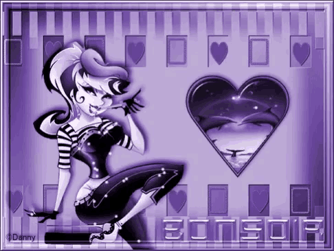 a purple greeting card with a girl and a heart and the word bonsof