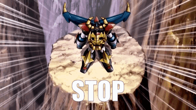 a robot is flying over a rock and the word stop is visible