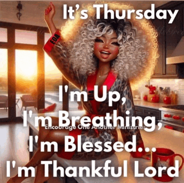 a cartoon of a woman sitting on a counter with the words it 's thursday i 'm up