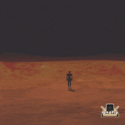 a man standing in the middle of a desert with a logo that says megbri on it