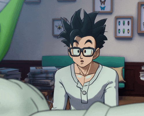 a cartoon character wearing glasses is sitting in a room