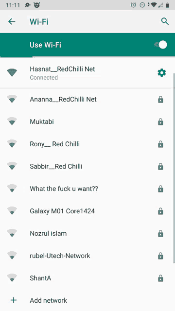 a screenshot of a phone 's wi-fi settings showing a list of connected wi-fi networks