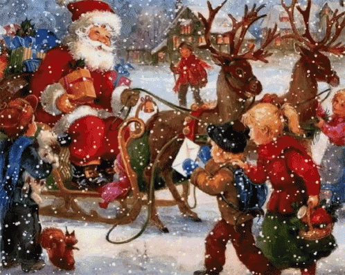 a painting of santa claus in a sleigh with reindeer pulling it