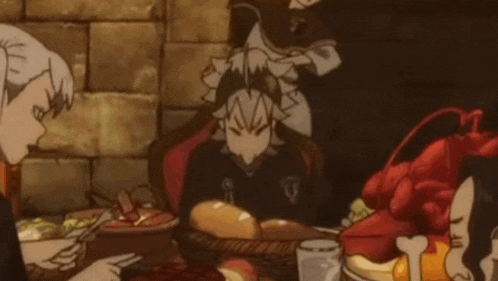 a group of anime characters are sitting at a table eating lobsters .