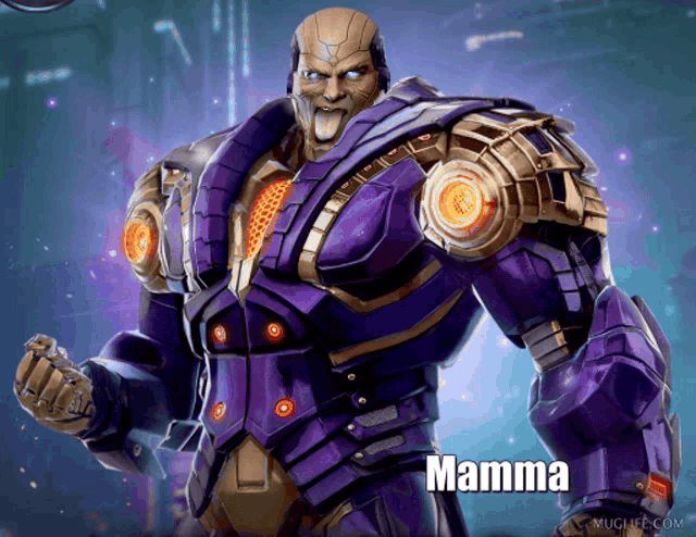 a purple robot with the name mamma on the bottom