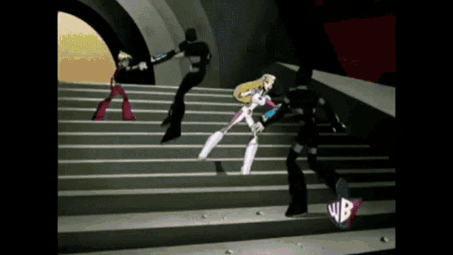 a group of cartoon characters are walking down a set of stairs with a wb logo in the corner .