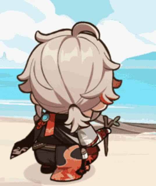 a cartoon character standing on a beach with a stick