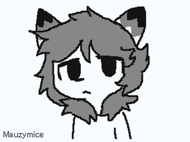 a black and white drawing of a cat with the name mauzymice on the bottom right