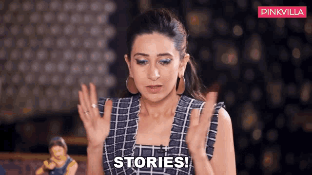 a woman in a plaid top says stories in front of a pinkvilla logo