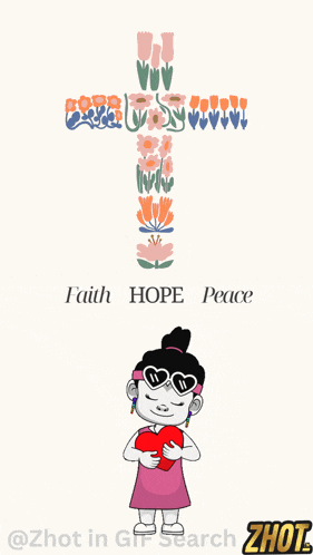 a girl holding a heart in front of a cross that says faith hope and peace