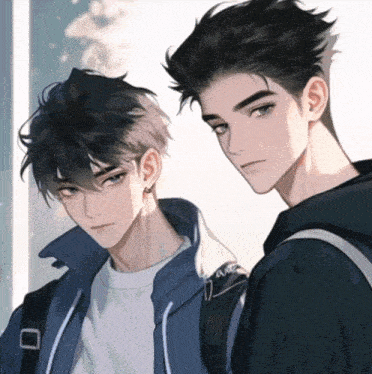 a drawing of two boys with one wearing a white shirt and the other wearing a black jacket