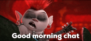 a troll with red hair is playing a guitar and says good morning chat .