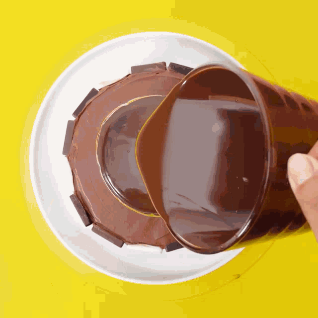 a person pouring chocolate sauce on a cake on a plate