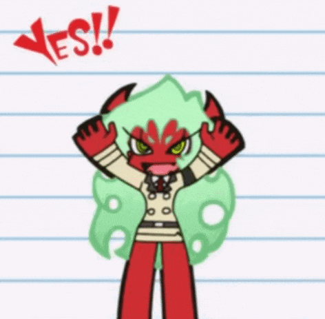 a cartoon character with green hair and red gloves is standing on a piece of paper with her hands in the air .