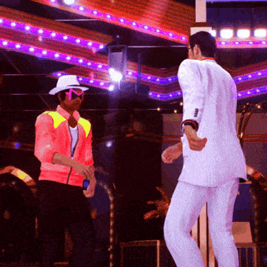 a man in a white suit and a man in a pink jacket are dancing