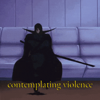 a man with a sword is sitting on a couch with the words contemplating violence behind him