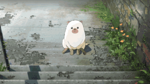 a small white dog is sitting on a set of steps