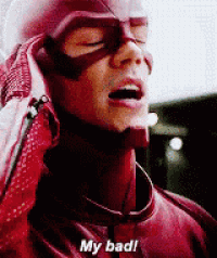 a man in a superhero costume is saying my bad