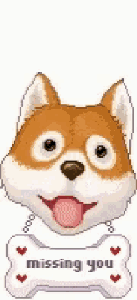 a pixel art of a dog holding a bone with the words `` missing you '' written on it .
