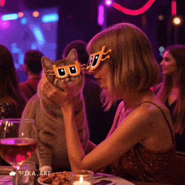 a woman holding a cat wearing sunglasses with the letter u on them