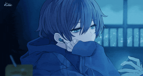 a drawing of a boy with blue hair and earbuds