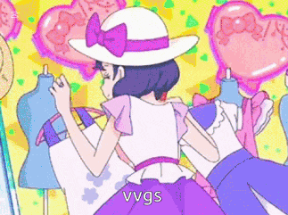 a girl in a purple dress is standing in front of a bunch of mannequins and balloons .