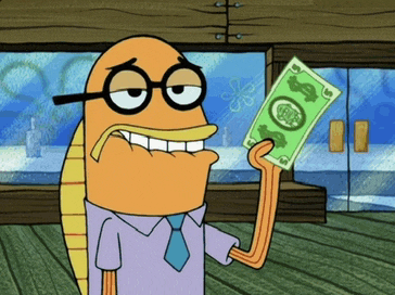 a cartoon character is holding a dollar bill