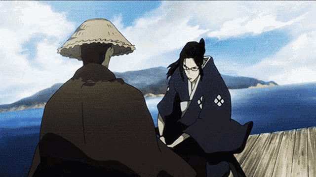 a man in a straw hat stands next to another man in a kimono